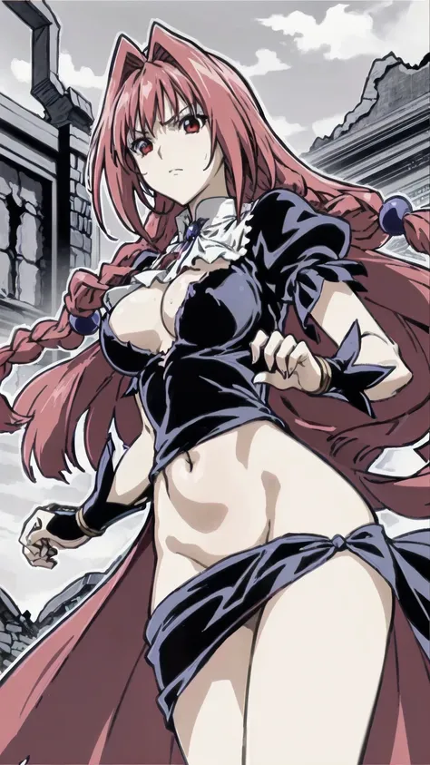 masterpiece, Highest quality,High resolution,Dorothy, Redhead,Red eyes, Have,dress,Braiding, black dress,One side of the dress is torn at the chest、Dust cloud、tits、Nipples fully visible、receive damage from an attack、anime、((Battle scene in the ruins))、blus...