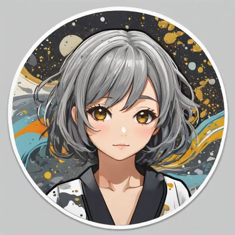 (a sticker,),(3D anime sanemi), grey hair,(In circlerown background), (pollock border)（oil painting style）， ultra - detailed, best quality, Detailed diagram, vectorized, 8K, Professional a sticker design, Graphic design, vector lines, a sticker, Full-HD