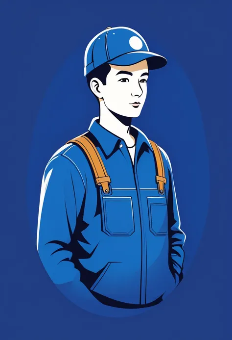 Maintenance personnel，A man wearing a blue hat，Wearing blue overalls，illustration，Stroke，formal，Icon logo，