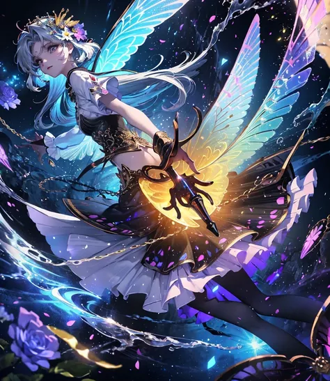 (((Masterpiece))), (((Best quality))), ((Ultra-detailed)),(Highly detailed CG illustration), ((An extremely delicate and beautiful)),Cinematic light, Create stunning fantasy artwork，fairy fantasy，the Flower Fairy，Transparent butterfly wings，Fairy stick，Lot...