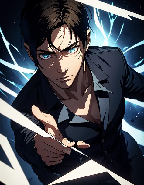 man，Calm，The subject of the picture，Holding a cool card，The eyes are sharp，Background is battlefield，Strong contrast between light and dark