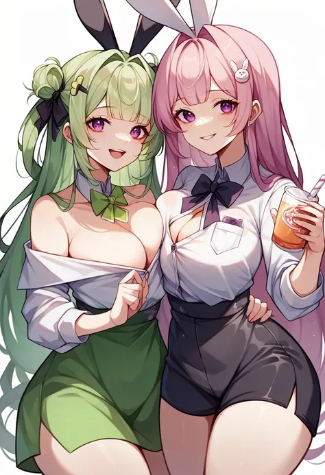 2girls,{{ chest, Nikkesoda, Purple eyes, Long Hair, Green Hair, bangs,}},{{black bunny,Nikkesoda,pink hair}}.Breast Matching