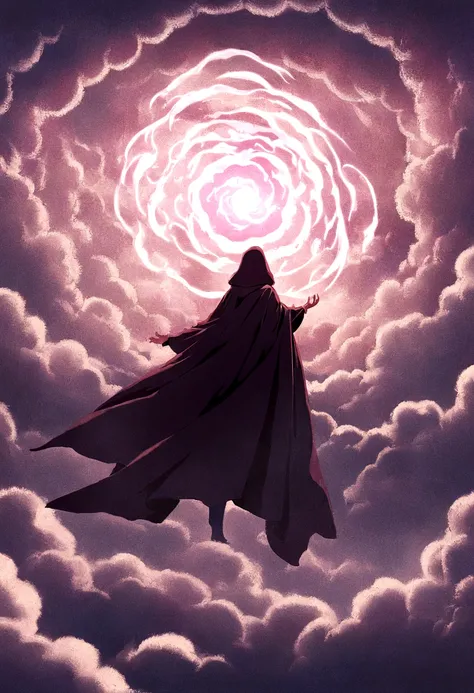 anime, cloaked man flying in a cloudy sky, concept art inspired by Cyril Rolland, trending on pixiv, magical realism, Makoto Shinkai Cyril Rolland, magical portal in the sky, anime epic artwork, swirl of clouds , wide angle fantasy art, makoto shinkai. dig...