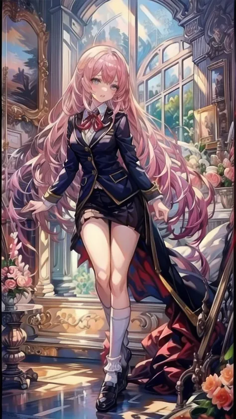 a beauty girl，Uniform Ribbon，Cute Blazer，Laughter，girl，length，anime a girl，Highest quality，Huge ，Pink Hair，masterpiece，Great style，length，Sexy and cute，Ultra-high resolution，beautiful a girl，Lovely girl，loose socks，Perfect beautiful girl，HD quality，８Ｋ，