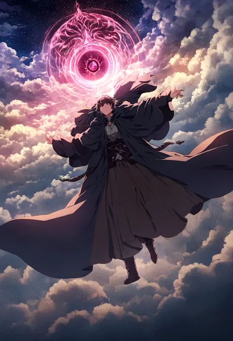 anime, Man in a cloak flying through a cloudy sky, Makoto Shinkai Cyril Rolland, Magic portal in the sky, anime epic artwork, Wide angle fantasy art, cloud vortex, makoto shinkai. Digital Rendering, Inspired by Cyril Rolland, anime fantasy illustration, Sp...