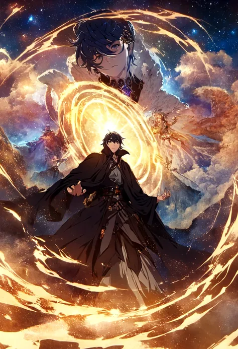 anime, Man in a cloak flying through a cloudy sky, Makoto Shinkai Cyril Rolland, Magic portal in the sky, anime epic artwork, Wide angle fantasy art, cloud vortex, makoto shinkai. Digital Rendering, Inspired by Cyril Rolland, anime fantasy illustration, Sp...