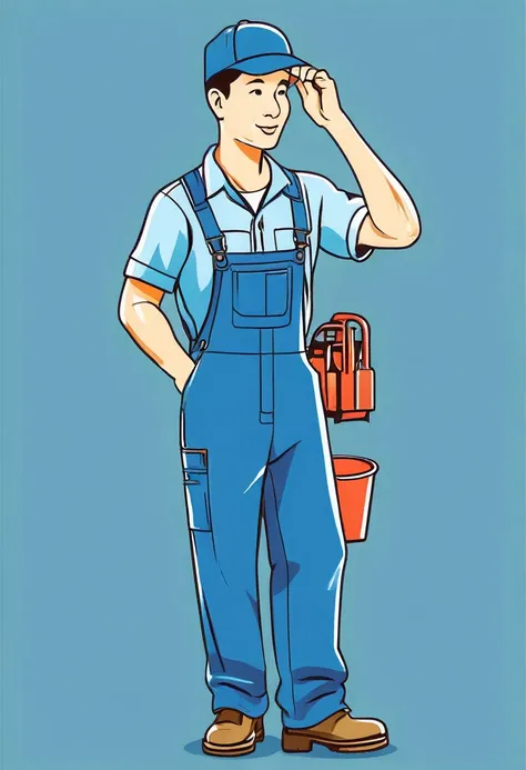 Maintenance personnel，A man wearing a blue hat，Wearing blue overalls，illustration，Stroke，formal，Icon logo，