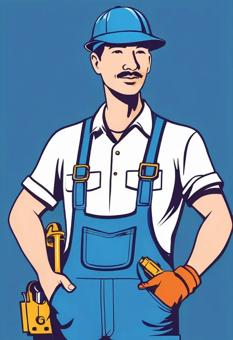 maintenance personnel，a man wearing a blue hat，wearing blue overalls，illustration，stroke，formal，icon logo，