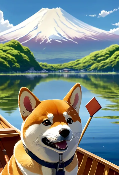 Close-up,かわいいShiba Inuのイラスト、Anime Style、Shiba Inu, small, With brown paddle, Boat ride on Lake Yamanaka in summer. Mount Fuji in the background, Extremely high precision and image quality