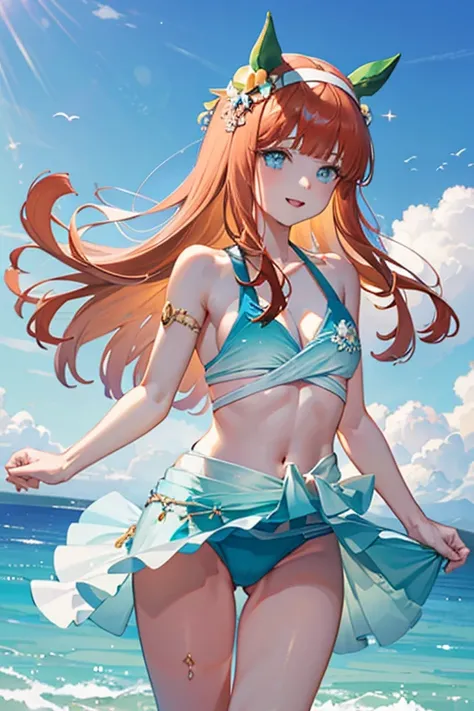 (masterpiece),(Highest quality:1.0), (Ultra-high resolution:1.0), Detailed illustrations, 8K, Pretty face, White Background、Big Breasts、Swimwear, Swimwear姿、緑色のSwimwear、whole body、Animal ears, earrings, Horse tail、Are standing, smile, Open your mouth