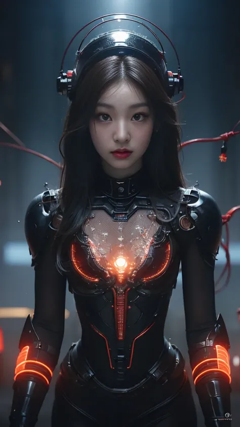 (기계1 girl과 외계인 1명)、（mystical expression）、top quality、masterpiece、Super high resolution、(realistic:1.4)、((heavy chest)),raw photo、1 girl、shiny skin、(((1 Mechanical Girl)))、((transparent crystal suit bodysuit、the body can see through)).(natural alien backgro...