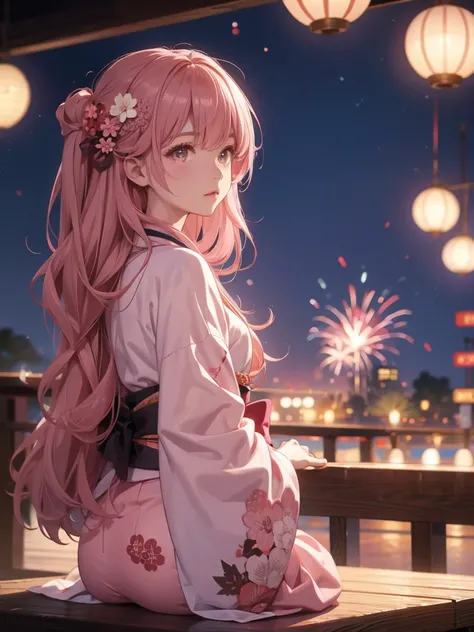 shoko, kimono night in firework ,dusty rose hair, long hair