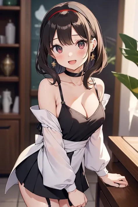 Adult Woman, masterpiece, 1girl, Amazing Cleavage:1.3, thin waist, big ass, Raised sexy, medium breast:1.3,posed cleavage:1.2,solo, open mouth, have a cup of coffee,black hair, red eyes, dress, bare shoulders, jewelry, collarbone, sidelocks, hairband, earr...