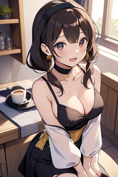 Adult Woman, masterpiece, 1girl, Amazing Cleavage:1.3, thin waist, big ass, Raised sexy, medium breast:1.3,posed cleavage:1.2,solo, open mouth, have a cup of coffee,black hair, red eyes, dress, bare shoulders, jewelry, collarbone, sidelocks, hairband, earr...