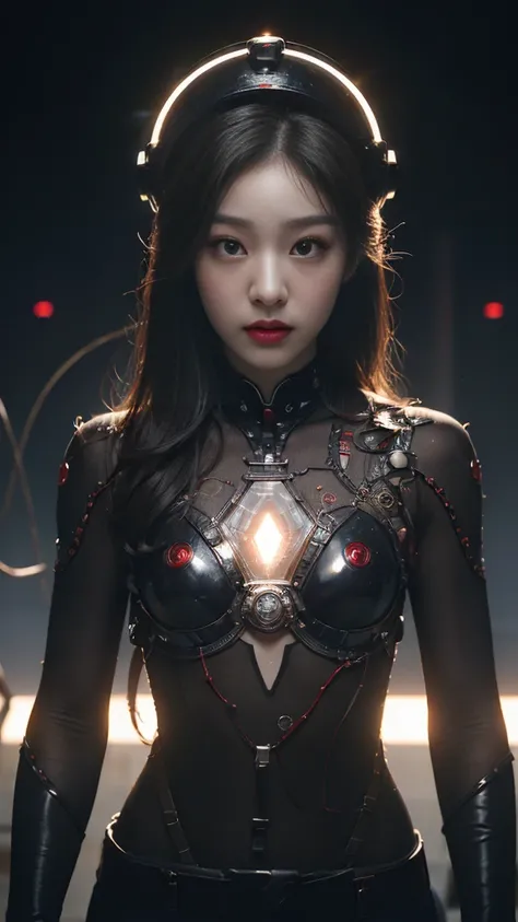 (기계1 girl과 외계인 1명)、（mystical expression）、top quality、masterpiece、Super high resolution、(realistic:1.4)、((heavy chest)),raw photo、1 girl、shiny skin、(((1 Mechanical Girl)))、((transparent crystal suit bodysuit、the body can see through)).(natural alien backgro...