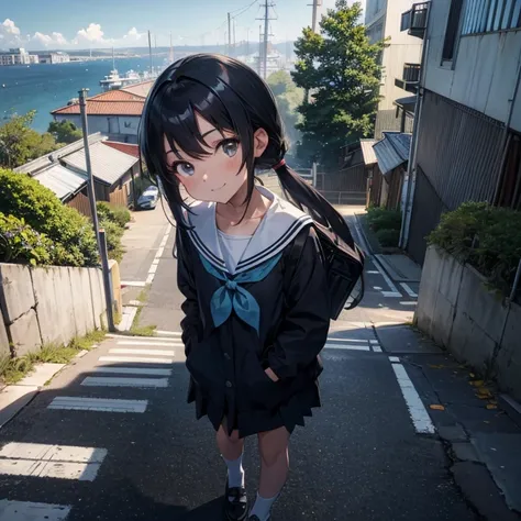 1girl, standing, gentle smile, 15yo, head tilt,
sloped road, (downhill), port city,
(low twintails girl), low pigtails, black hair, very long hair,
navy blue sailor  with blue ribbon, long sleeves,
dark brown eyes, 1 school bag on right shoulder, 
from fro...