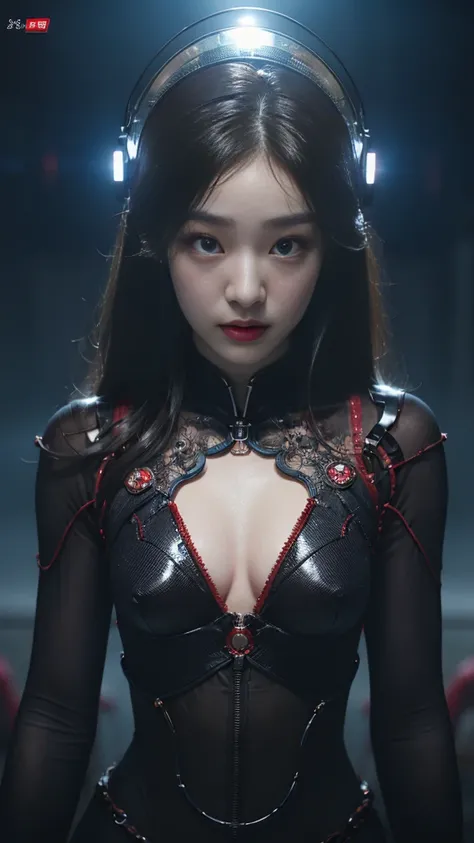 (기계1 girl과 외계인 1명)、（mystical expression）、top quality、masterpiece、Super high resolution、(realistic:1.4)、((heavy chest)),raw photo、1 girl、shiny skin、(((1 Mechanical Girl)))、((transparent crystal suit bodysuit、the body can see through)).(natural alien backgro...