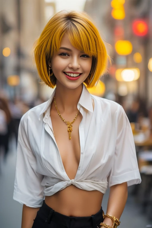 masterpiece, best quality, bellissima, 1girl, wearing a white open shirt, navel, solo focus, perfect eyes, jewelry, earrings, yellow blunt cut bob, short hair, smile, look at viewer, ethnic style trousers