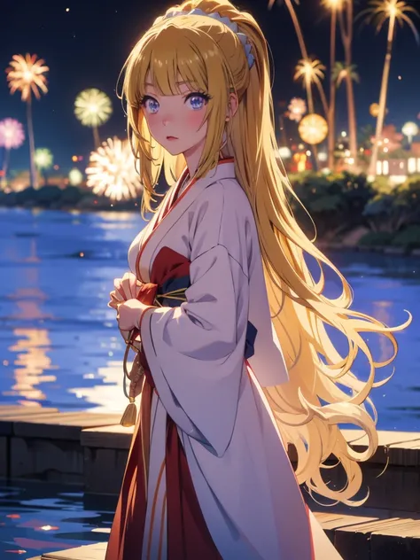 Kei karuizawa, kimono night in firework ,blonde, long hair, blue eyes