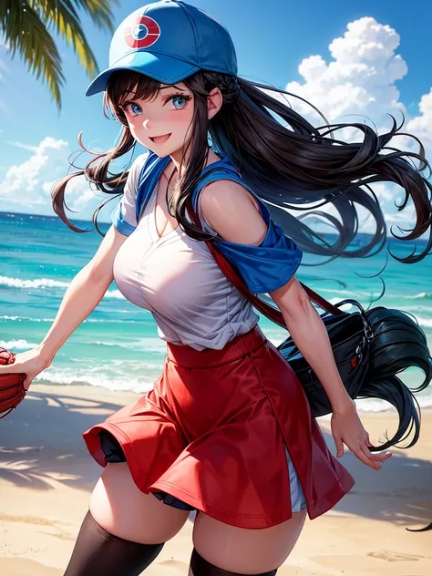 Hilda the trainer from pokemon, she has blue eyes, she wears a baseball cap from   with her hair out the back of the baseball cap, she wears a skirt and a blouse the blous reveals her huge  as she smiles at you, she is sutting on the beach, she has her han...