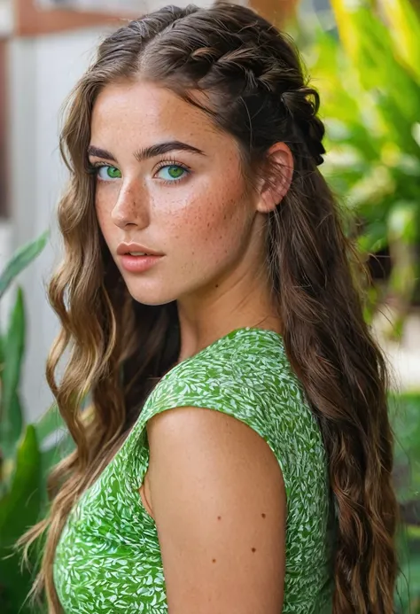 25 year old girl with wawer made waves with small braids in front of hair ((long hair)), ((freckles)), green eyes and brown hair Beautiful realistic , a 25 year old beautiful girl, brunette hair, (((bright green eyes))), youthful, big lips, small nose, thi...