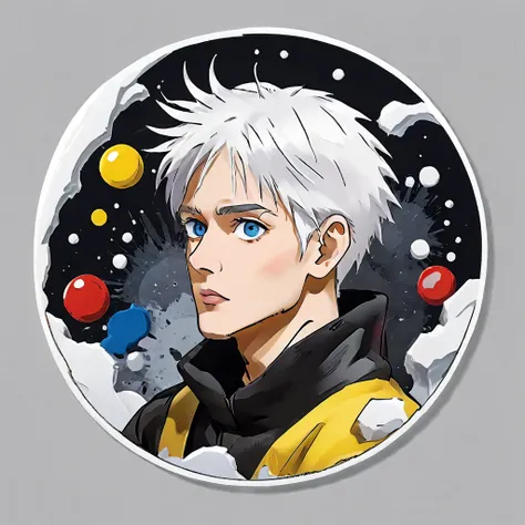 (a sticker,),(3D anime gojo), snow white hair,(In circlerown background), (pollock border)（oil painting style）， ultra - detailed, male character, best quality, Detailed diagram, vectorized, 8K, Professional a sticker design, Graphic design, vector lines, a...