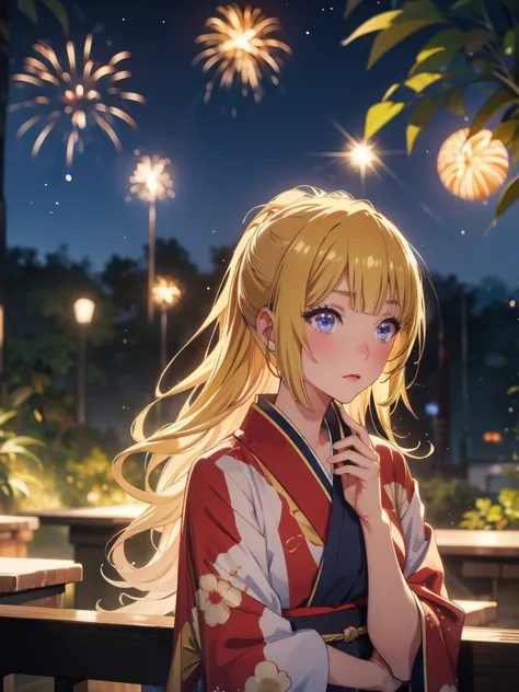 Kei karuizawa, kimono night in firework ,blonde, blue eyes