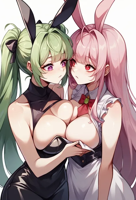 2girls,{{ chest, Nikkesoda, Purple eyes, Long Hair, Green Hair, bangs,}},{{black bunny,Nikkesoda,pink hair,red eyes}}.Breast Matching,grabbing breatsts