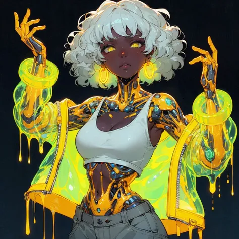 line-less manga style, anime semi realistic,  Baroque Anime Style, African American_female, mature facial features, wet curly white hair, heavy-lidded eyes, semi realistic, anime, neon yellow details, see-through yellow lava lamp abdomen, exposed lava lamp...