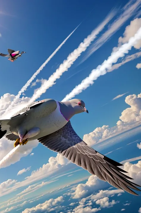 A pigeon at jet speed with a jet engine delivers a letter