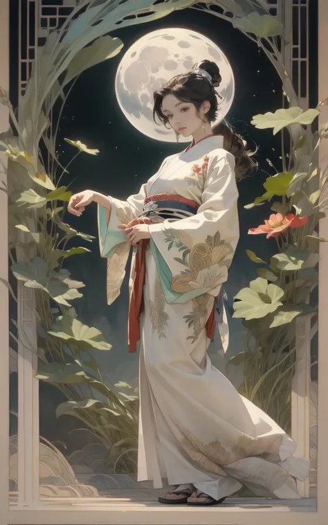 ((​masterpiece)), (best quality), (the work), Art Nouveau watercolor painting , Moon goddess in hanfu , small breasts,revealing multilayered and modern kimono, big eyes, long, thick eyelashes, plump lips, dark red eyes, hair long and thick, high ponytail, ...