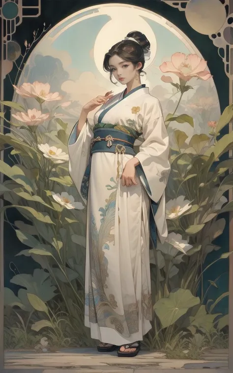 ((​masterpiece)), (best quality), (the work), Art Nouveau watercolor painting , Moon goddess in hanfu , small breasts,revealing multilayered and modern kimono, big eyes, long, thick eyelashes, plump lips, dark red eyes, hair long and thick, high ponytail, ...