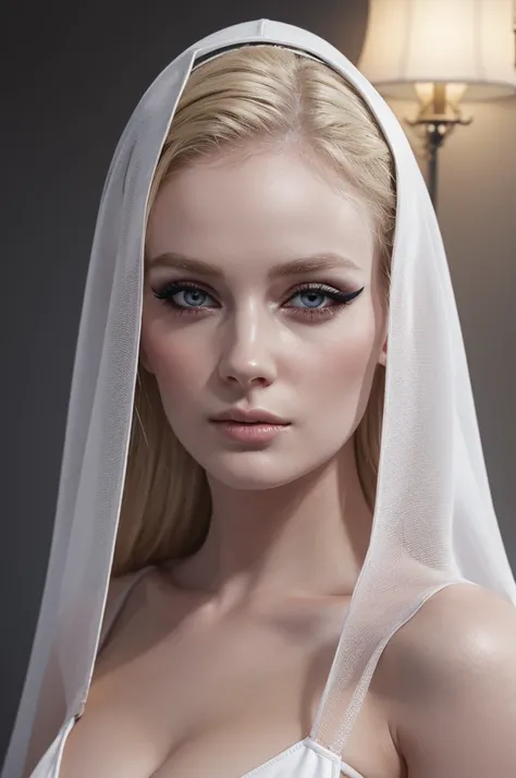 woman pretty, blonde, wearing nun veil with bikini , blonde ,black bikini ,white skin, big breast,  pale ,foxy eyeliner, portrait ,no-makeup ,hot,full body ,pale woman painting, eyeliner wonderful highly detailed masterpiece, beautiful light deep focus, el...