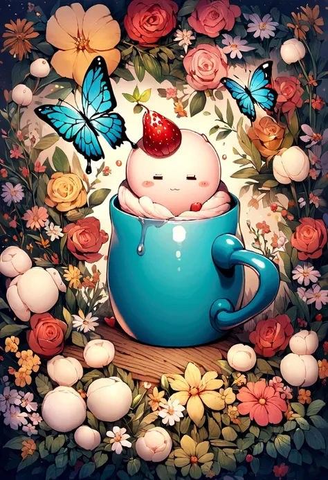 （Close-up of a small cake melting in a mug）， (Blue mug：1.37），（The little cake is melting：1.37，），(Cake flowers and butterflies），Illustration elements，