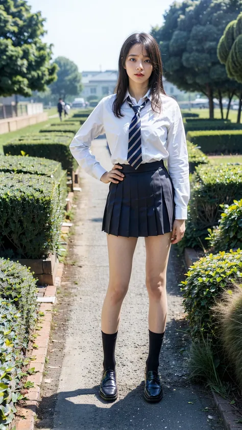 (8k、raw photos、highest quality、masterpiece:1.2)、(realistic、realistic)、1 girl、((blackチェックミニスカート、high school uniform、shirt、navy so...