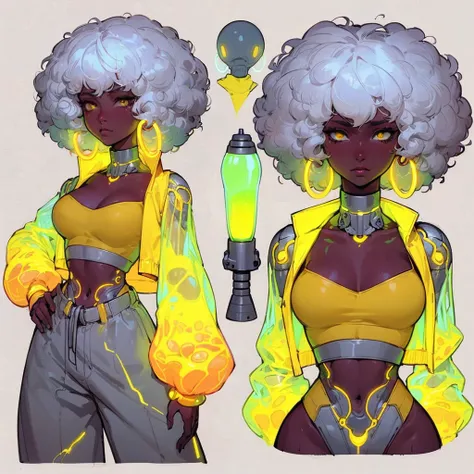 line-less manga style, anime semi realistic,  Baroque Anime Style, African American_female, mature facial features, wet curly white hair, heavy-lidded eyes, semi realistic, anime, neon yellow details, see-through yellow lava lamp abdomen, exposed lava lamp...