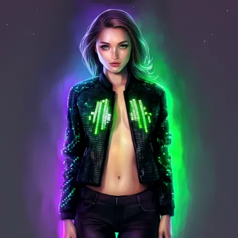 partialy pixelated female, handsome,modern aesthetic, holographic, binary code, form fitting jacket with green neon accent mimicing heartbeat, hot, 4k ultradetailed,, expressive, emotional,steamy, high quality, by OlchaS, watercolor