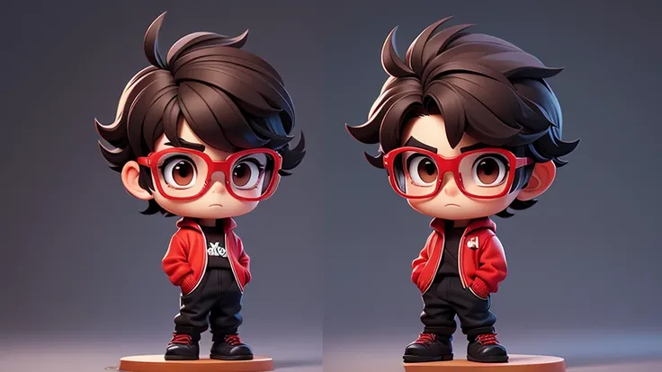 Surpise Boy chibi with Red pullover, dark brown eyes, black glasses, short long texture crop style hair. Clear Background