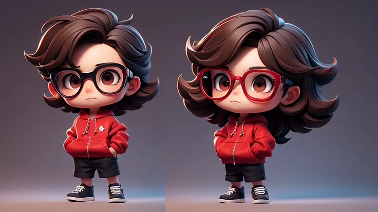 Surpise Boy chibi with Red pullover, dark brown eyes, black glasses, short long texture crop style hair. Clear Background