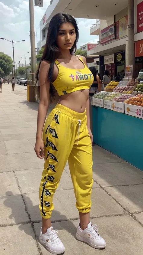 Create a   fair skin , cute and lovely indian women age is 16  years old ,she have  bigger emerged   breast and Slim waist , looking so pretty  ,model and Indian cultured 
And she wears a yellow graphics printed  full  casual dress and long black pant with...