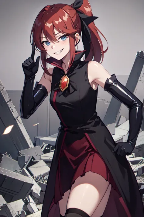 Highest quality, masterpiece, One Girl,Not beautiful, Red Ponytail, Long dress, brooch, Hair Ribbon, - Elbow hand pockets, Black knee socks, Standing on the rubble,  (Wicked Smile:1.1), ,,Dark shadowed face,Sadistic smile,Malice,Contempt,smile,latex,Bad fa...