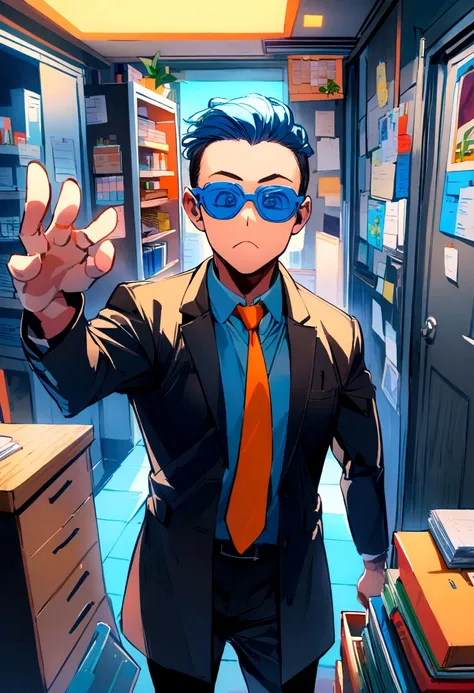 One wears blue glasses and an orange tie，Cartoon character of man in black coat office worker,