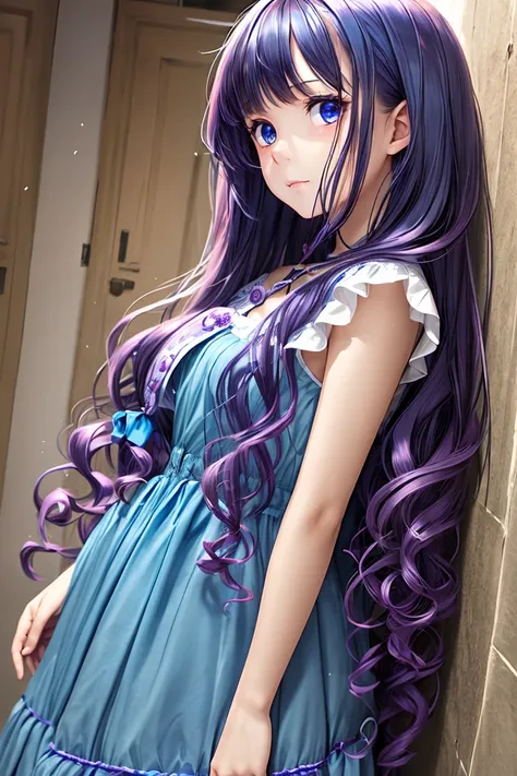 A girl, 15 years old, long hair, blue dress, detailed face, detailed eyes, purple hair, curly hair