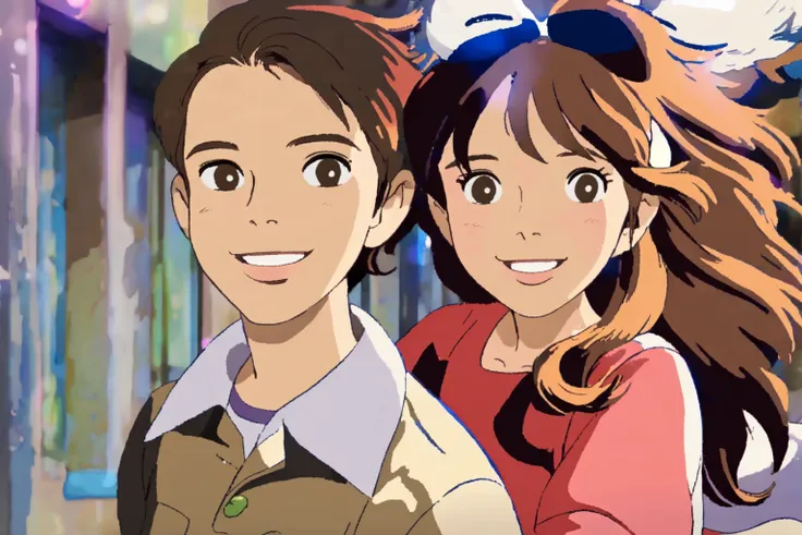 anime characters are smiling and posing for a picture in a city