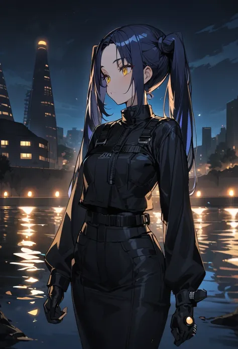 (One very tall woman,Dark navy blue hair,Her hairstyle is twin tails that expose her forehead.,Medium chest,yellow eyes)Black Techwear,Thimble gloves,Riverside at night