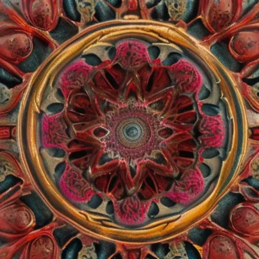 7+√(777×tan(7+7), mandala, centered,dark red, pink flesh and coal black, organic matter, cellular colony, fractal,hyperdetailed,...