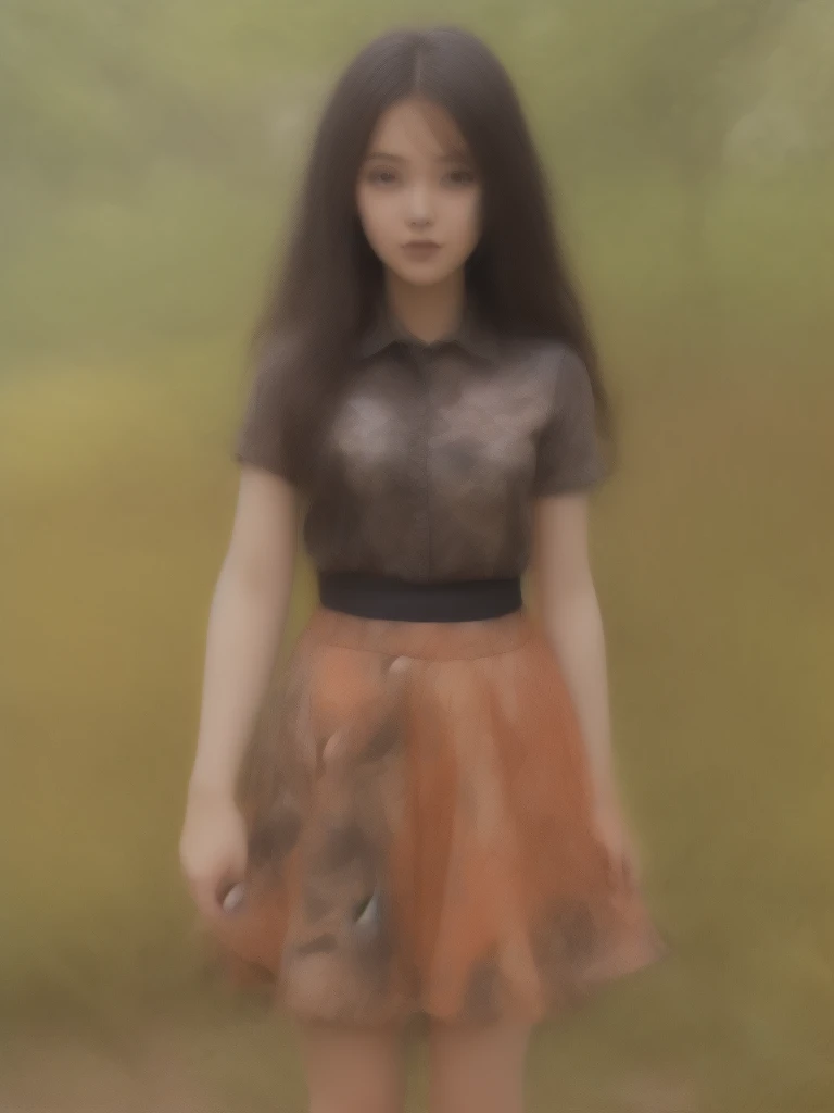 1 woman, 22yo, realistic, masterpiece, high detailed skin, looking at viewer, full body shot, scenic view, long hair, black hair
print shirt, print skirt