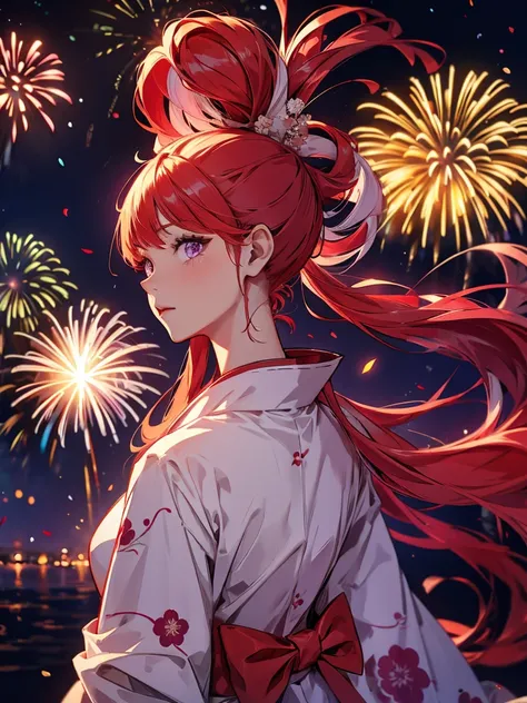 Uta, kimono night in  firework , red white haired, purple eyes