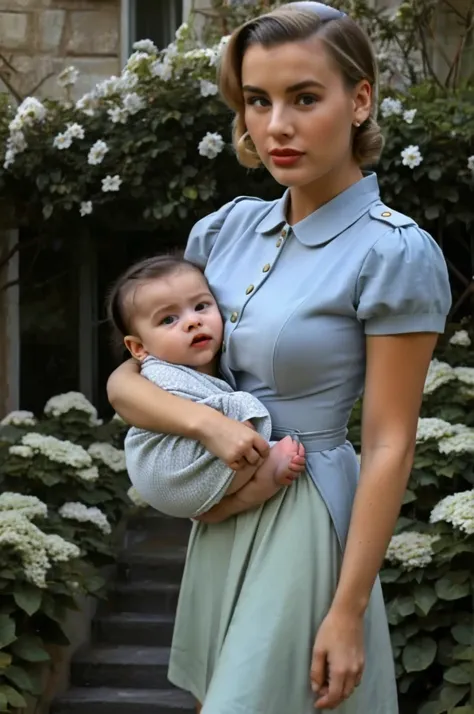 fashionable 1950s female lady police dress skirt uniform, cradling baby in her arms in atmospheric garden