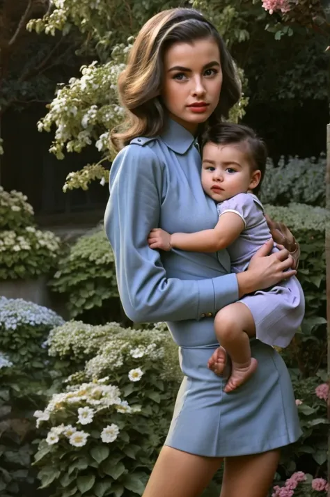 fashionable 1950s female lady police dress skirt uniform, cradling baby in her arms in atmospheric garden